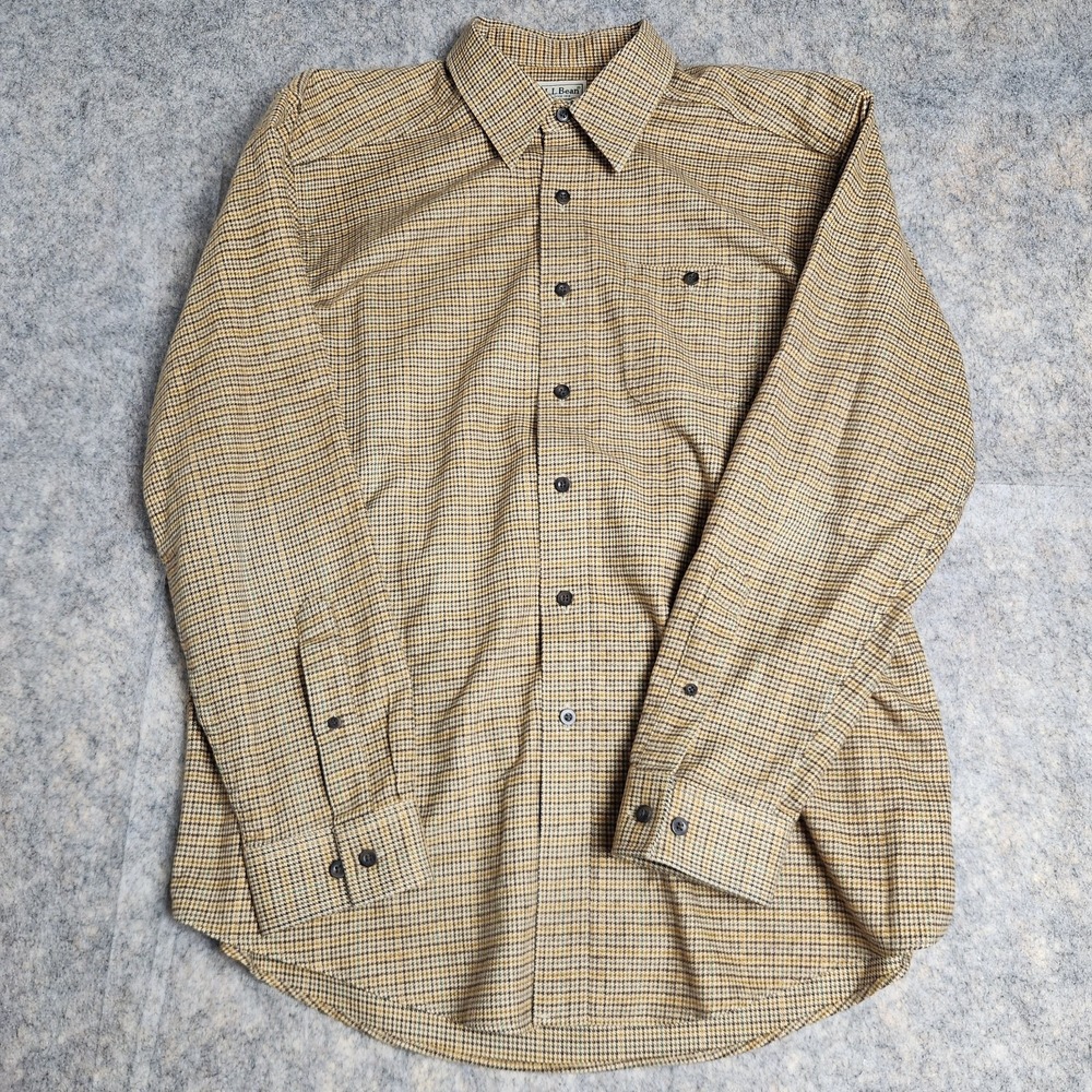 LL Bean Flannel Shirt Men L Regular Houndstooth Plaid Yellow Brown Long‎ Sleeve